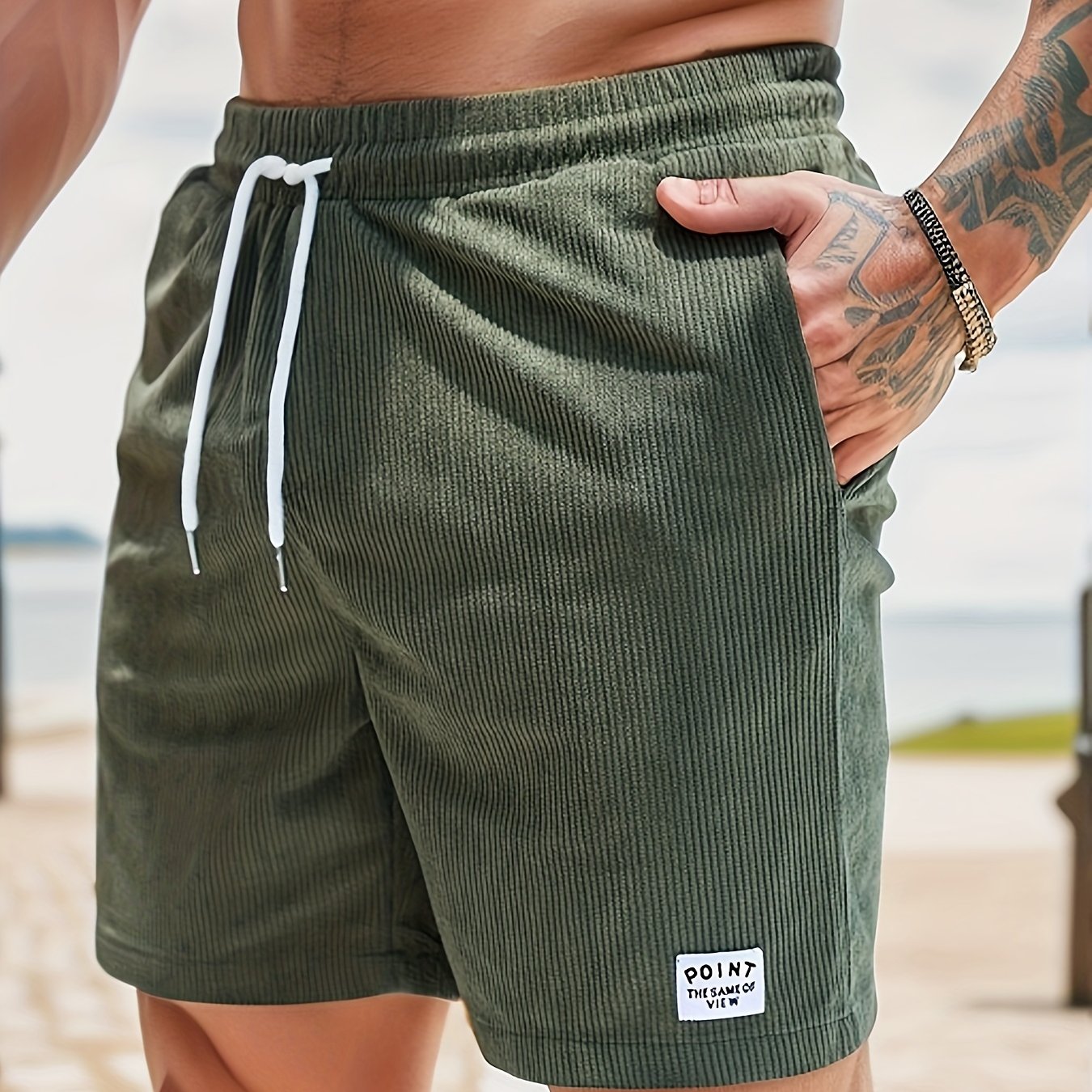 Olijfgroene Corduroy Casual Shorts voor Heren - Slim Fit met Witte Trekkoord, Polyester, Machinewasbaar, Niet-Rekbare Stof voor Zomercomfort
