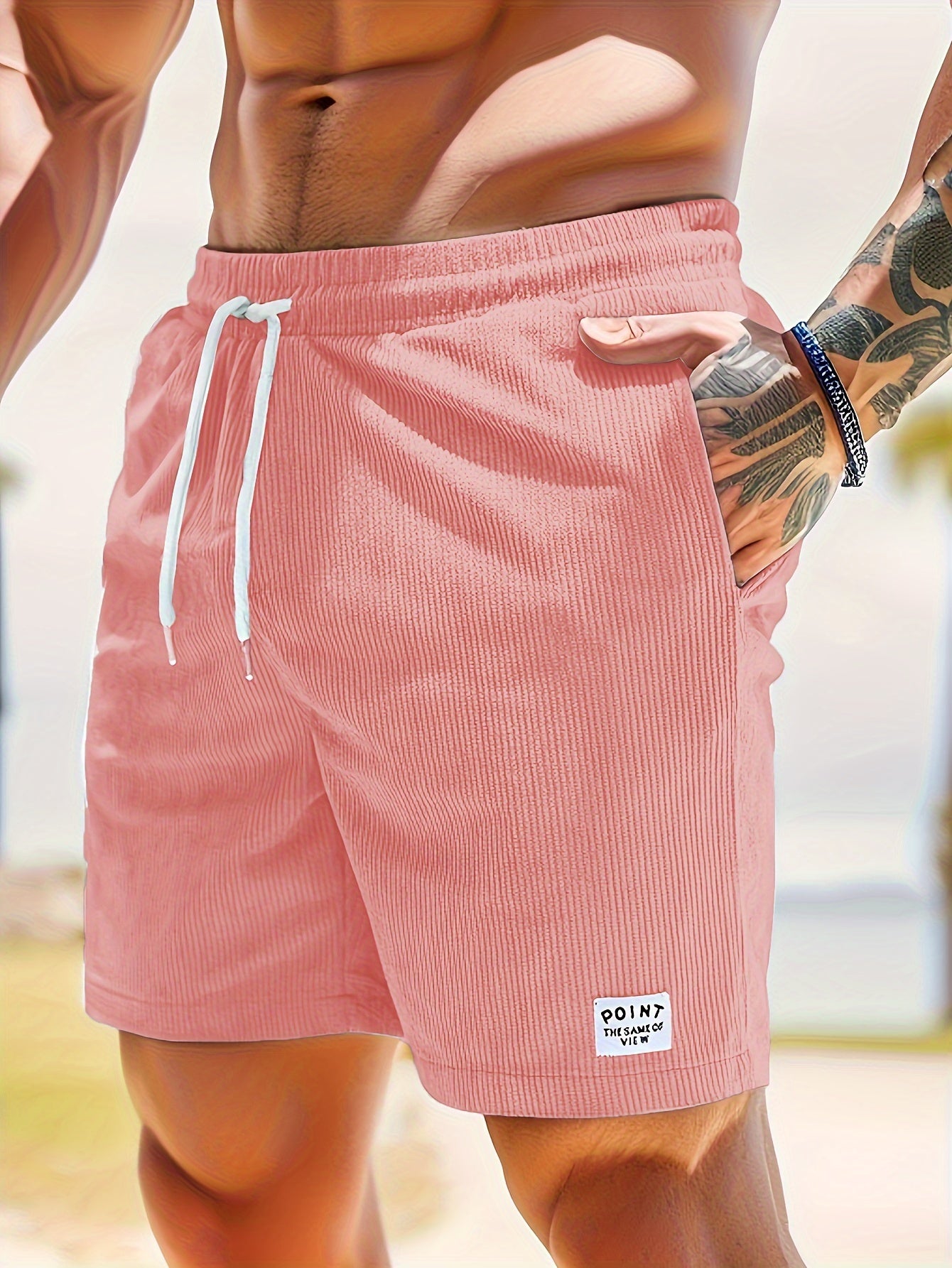 Olijfgroene Corduroy Casual Shorts voor Heren - Slim Fit met Witte Trekkoord, Polyester, Machinewasbaar, Niet-Rekbare Stof voor Zomercomfort