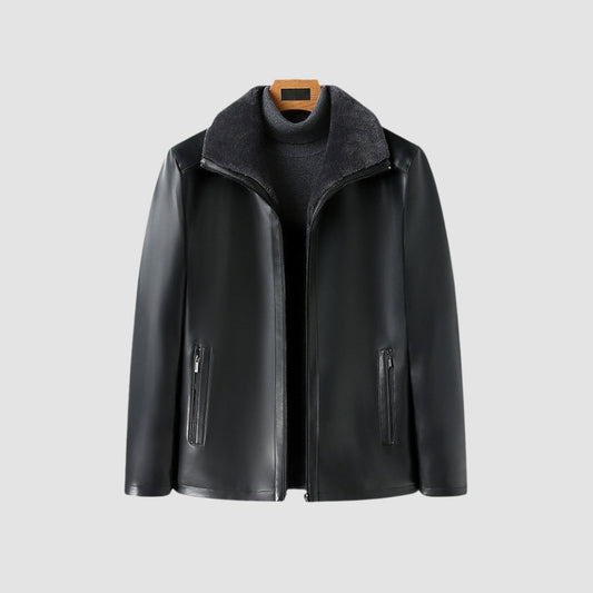 Old Money Thickened Fur Collar Leather Jacket