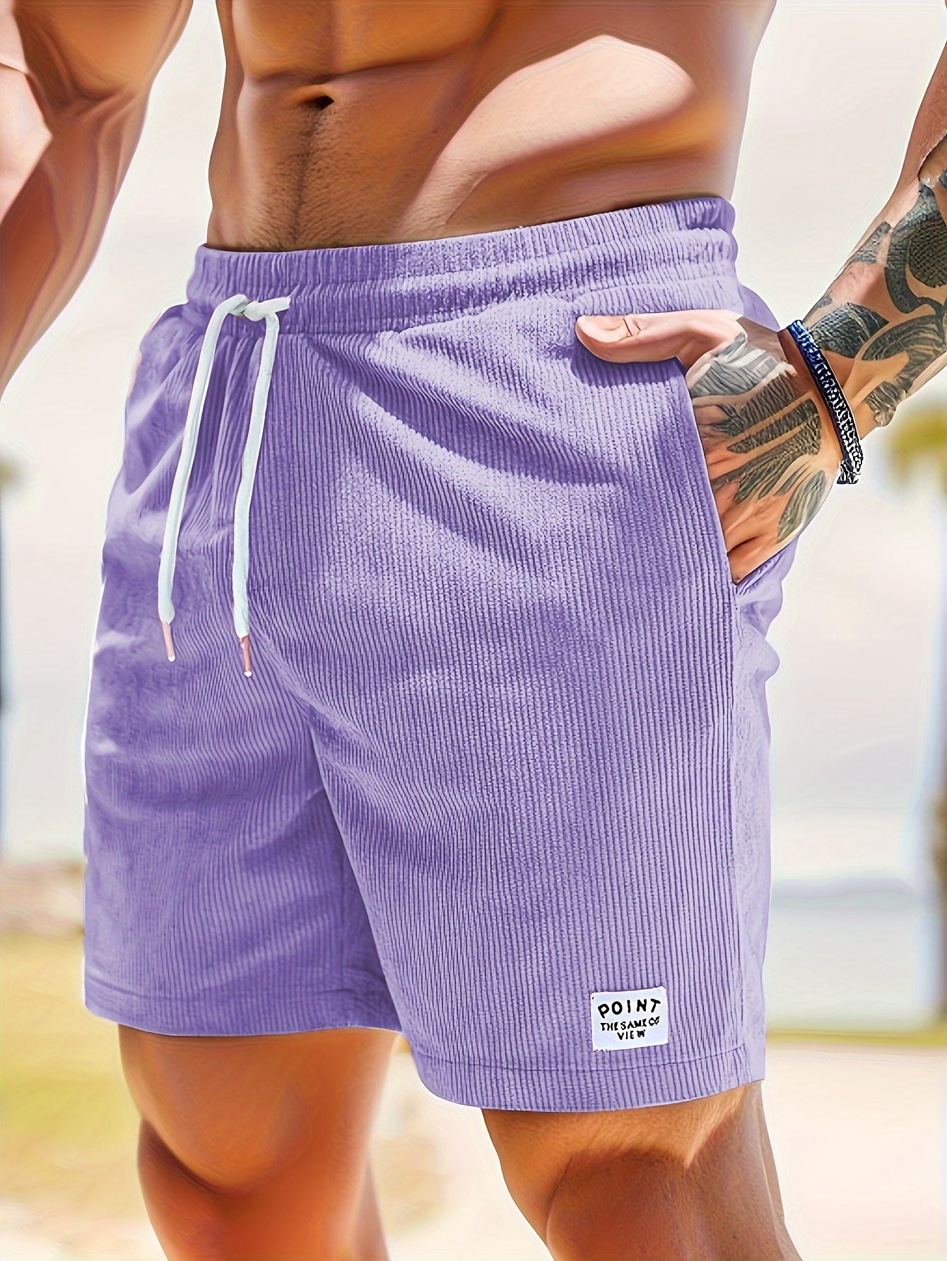 Olijfgroene Corduroy Casual Shorts voor Heren - Slim Fit met Witte Trekkoord, Polyester, Machinewasbaar, Niet-Rekbare Stof voor Zomercomfort