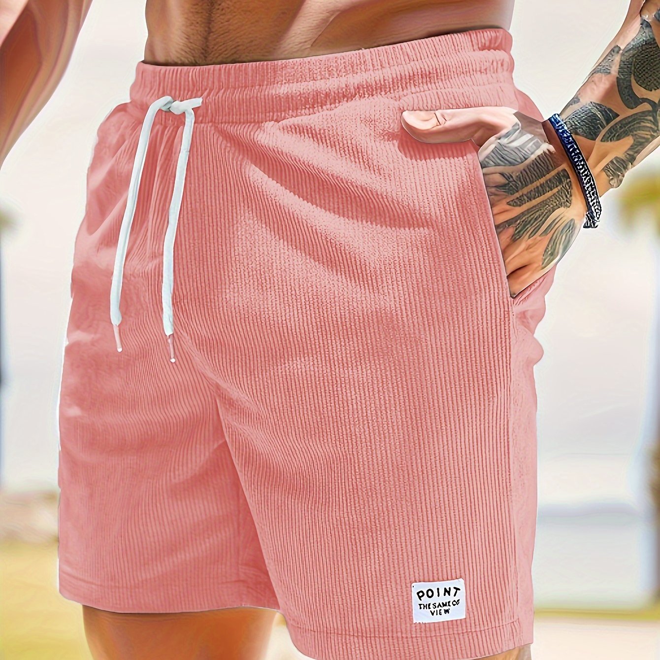 Olijfgroene Corduroy Casual Shorts voor Heren - Slim Fit met Witte Trekkoord, Polyester, Machinewasbaar, Niet-Rekbare Stof voor Zomercomfort
