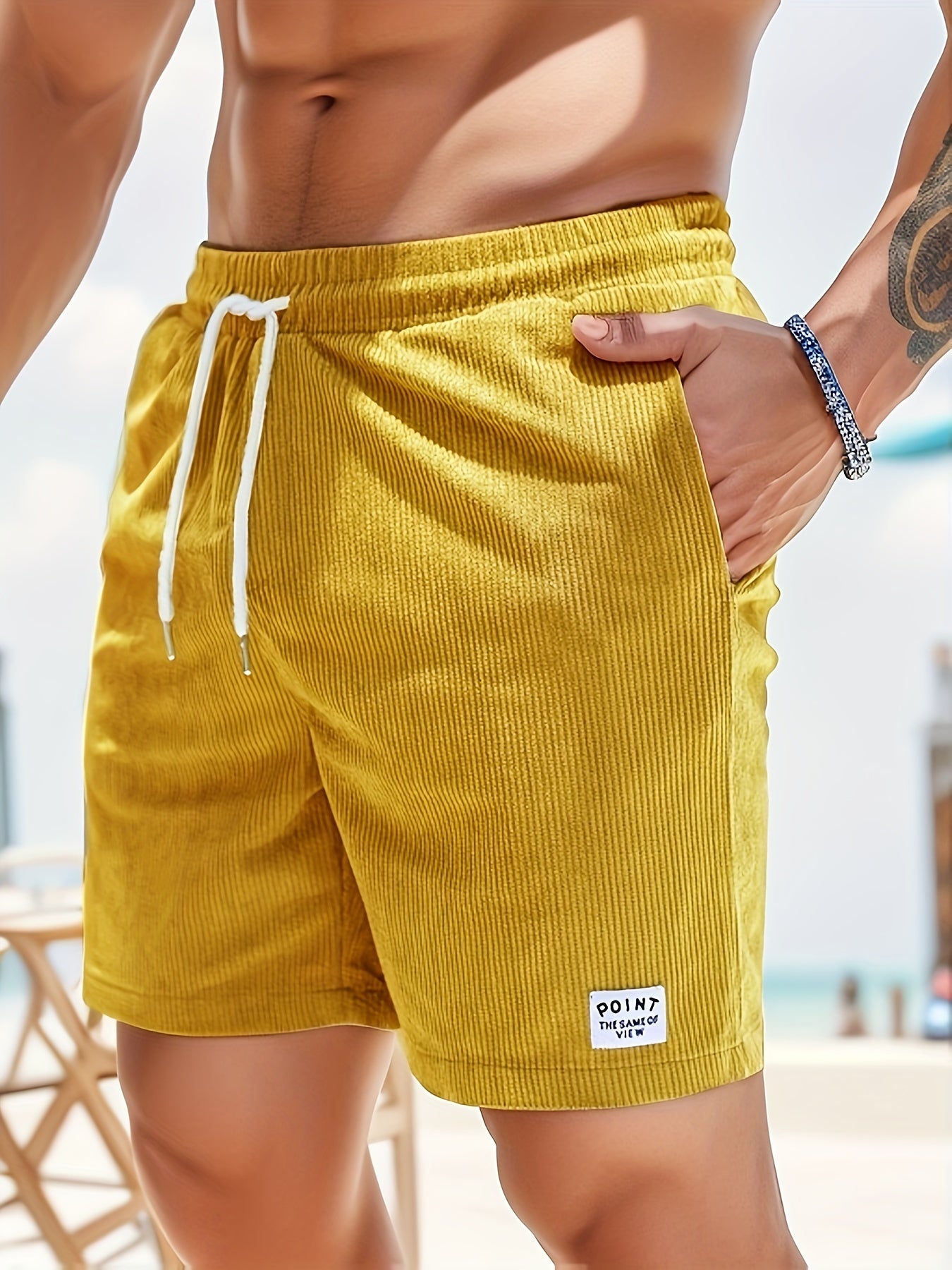 Olijfgroene Corduroy Casual Shorts voor Heren - Slim Fit met Witte Trekkoord, Polyester, Machinewasbaar, Niet-Rekbare Stof voor Zomercomfort