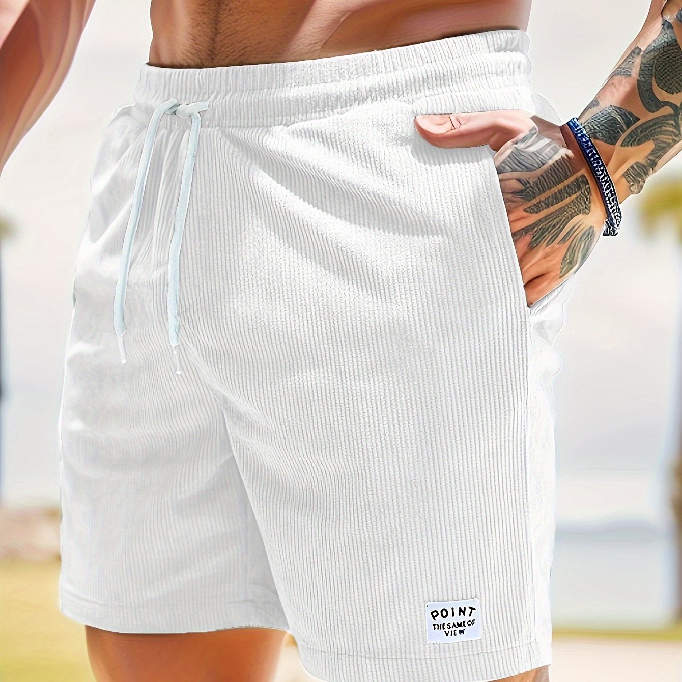 Olijfgroene Corduroy Casual Shorts voor Heren - Slim Fit met Witte Trekkoord, Polyester, Machinewasbaar, Niet-Rekbare Stof voor Zomercomfort