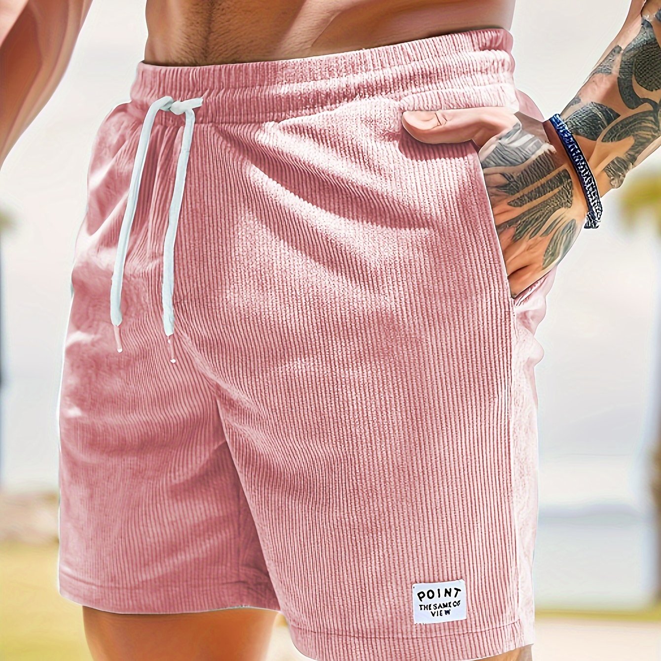 Olijfgroene Corduroy Casual Shorts voor Heren - Slim Fit met Witte Trekkoord, Polyester, Machinewasbaar, Niet-Rekbare Stof voor Zomercomfort