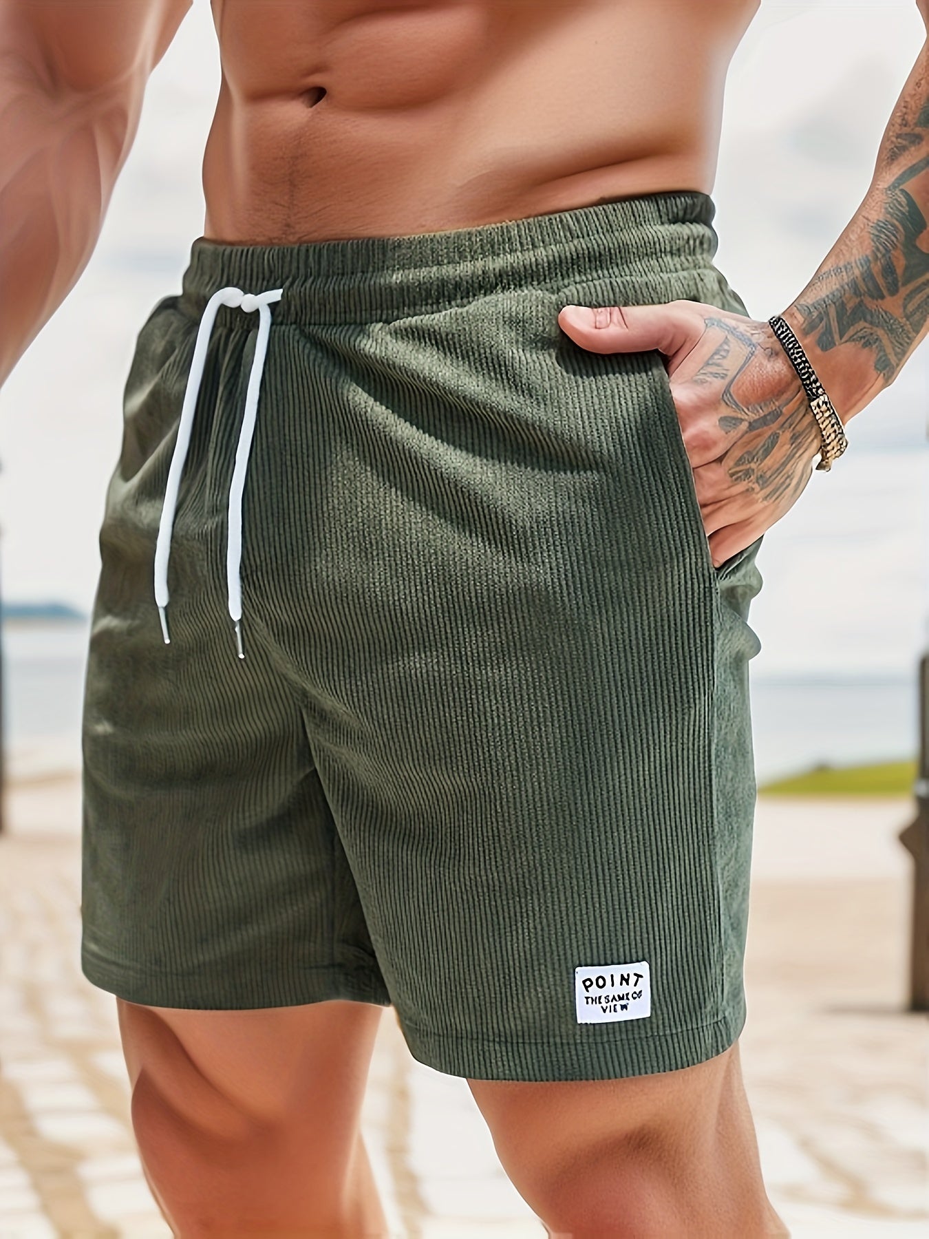 Olijfgroene Corduroy Casual Shorts voor Heren - Slim Fit met Witte Trekkoord, Polyester, Machinewasbaar, Niet-Rekbare Stof voor Zomercomfort