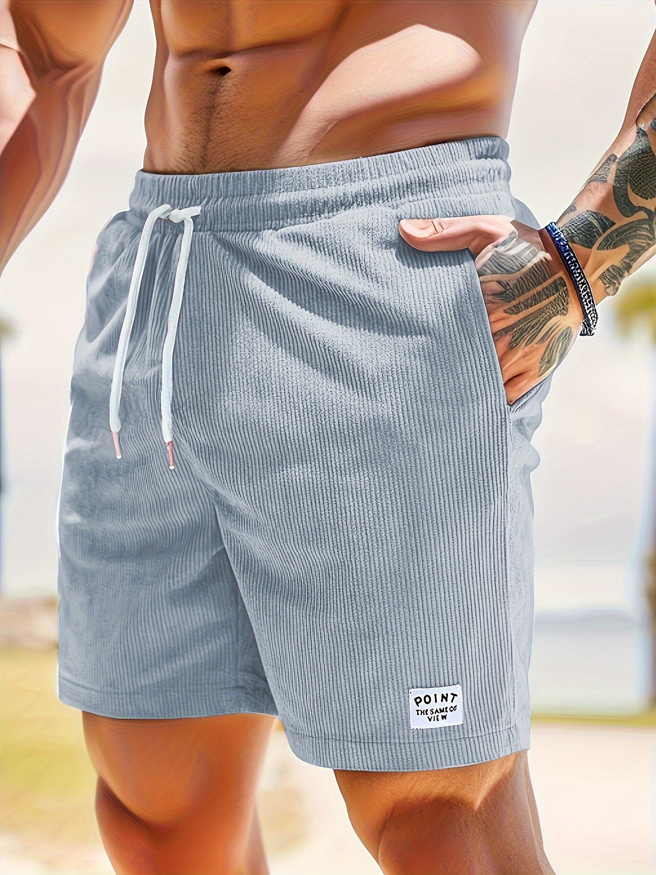 Olijfgroene Corduroy Casual Shorts voor Heren - Slim Fit met Witte Trekkoord, Polyester, Machinewasbaar, Niet-Rekbare Stof voor Zomercomfort