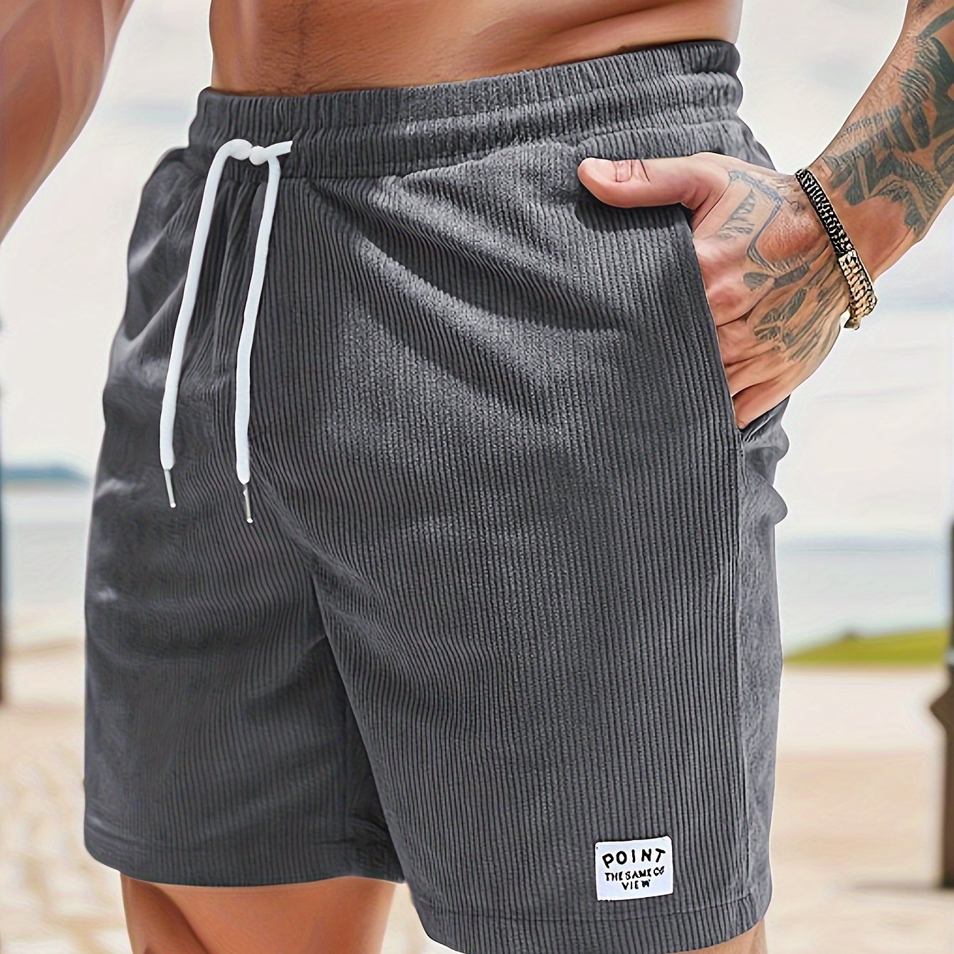 Olijfgroene Corduroy Casual Shorts voor Heren - Slim Fit met Witte Trekkoord, Polyester, Machinewasbaar, Niet-Rekbare Stof voor Zomercomfort