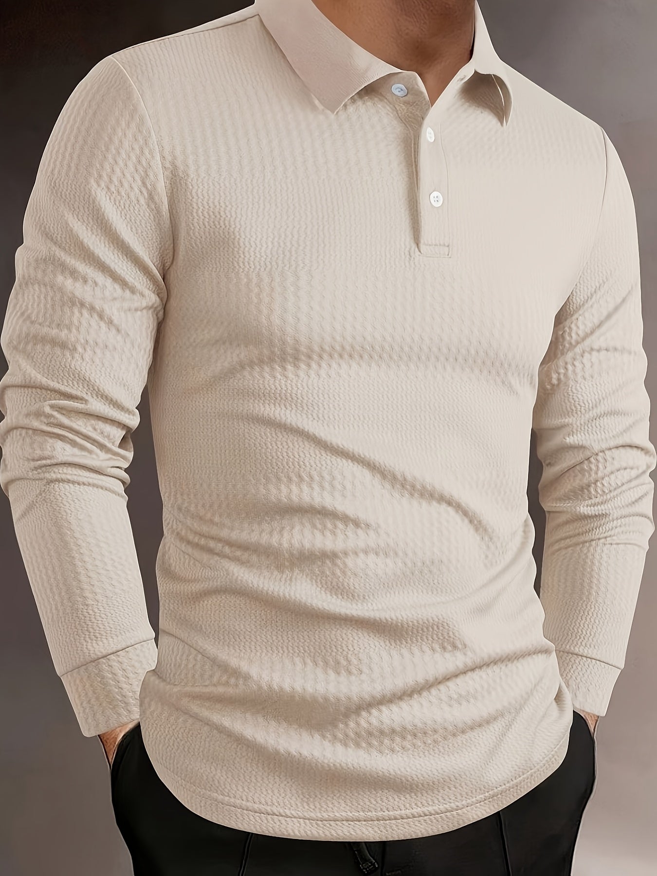 Men's Fashion Shirt - Long Sleeve, Jacquard Fabric with Vertical Rib Details, Casual Fitness Avant-Garde, 100% Polyester, Ideal for Spring and Autumn