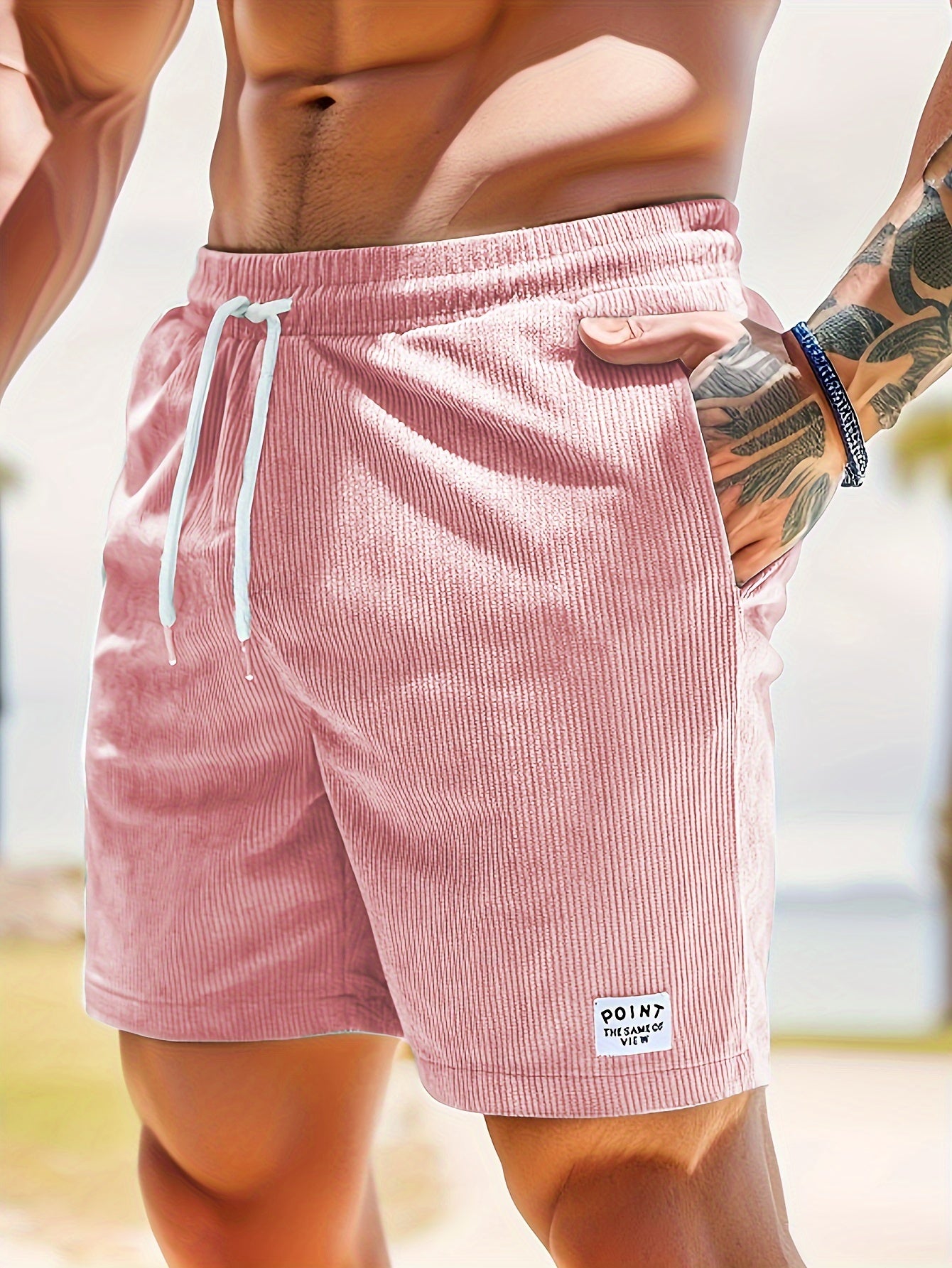 Olijfgroene Corduroy Casual Shorts voor Heren - Slim Fit met Witte Trekkoord, Polyester, Machinewasbaar, Niet-Rekbare Stof voor Zomercomfort