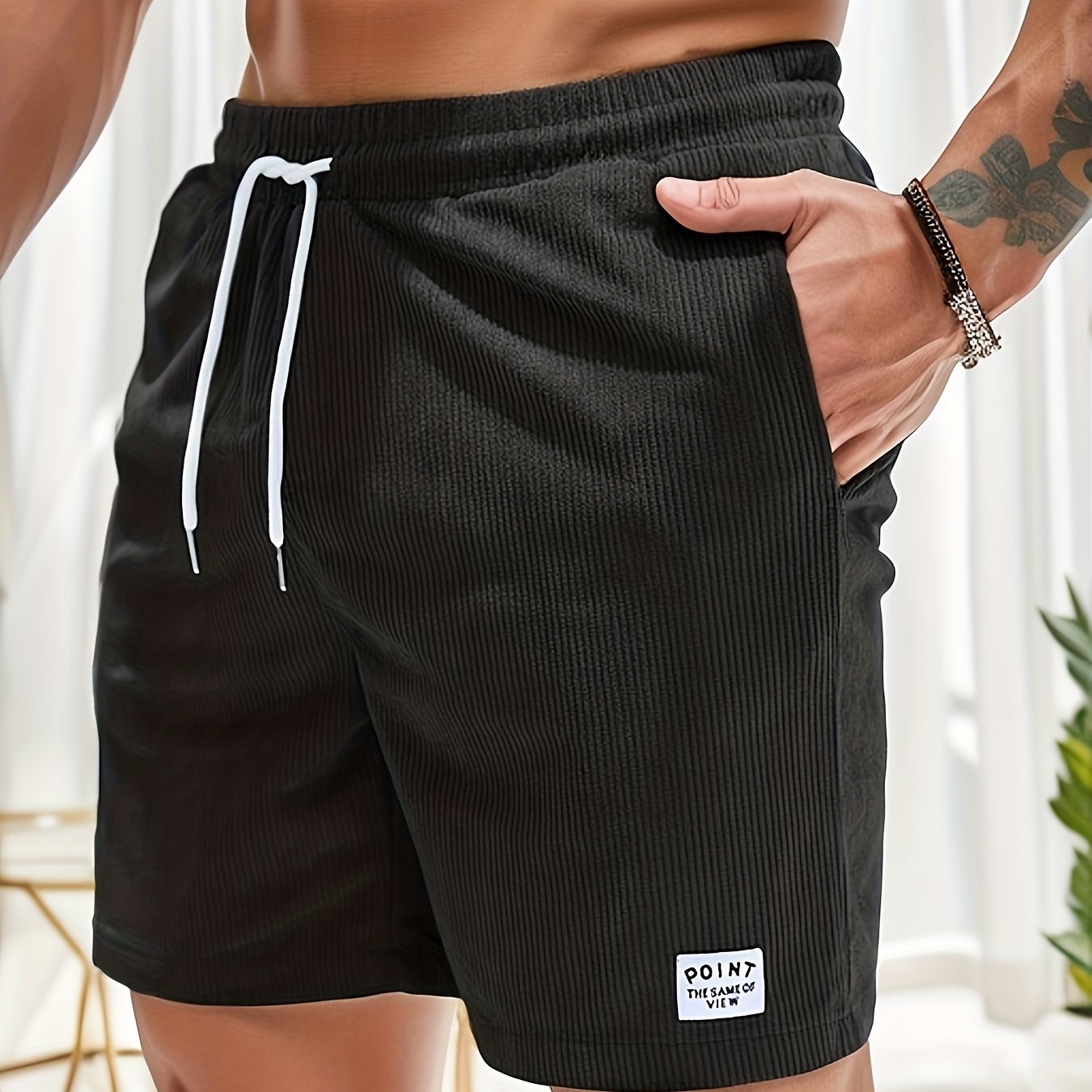 Olijfgroene Corduroy Casual Shorts voor Heren - Slim Fit met Witte Trekkoord, Polyester, Machinewasbaar, Niet-Rekbare Stof voor Zomercomfort