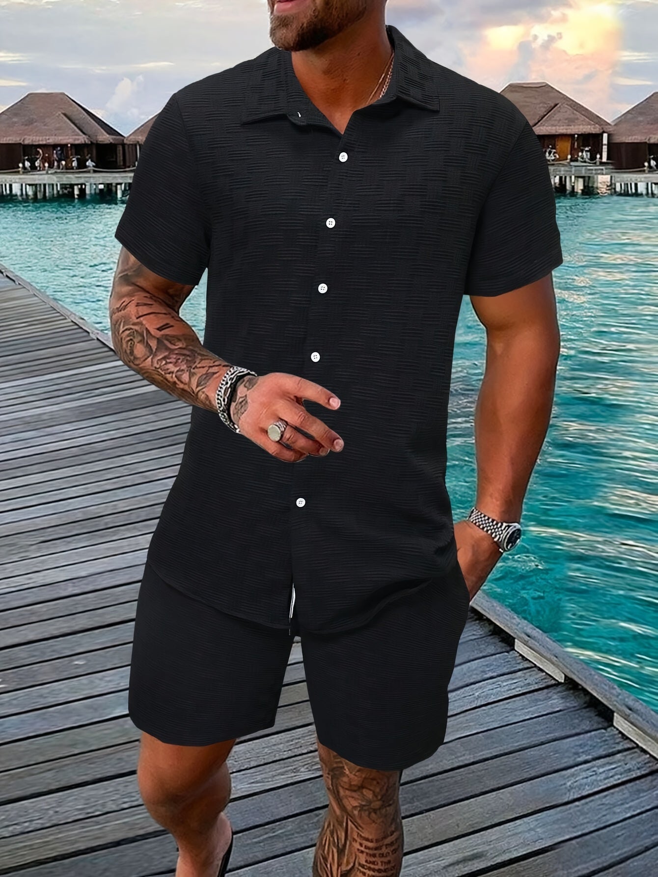 Men's Lightweight Summer Beach Set: Casual Short-Sleeve Button- Shirt and Elastic Waist Shorts, Breathable Fabric, Ideal Vacation Apparel, Beach Leisure Wear | Short-Sleeve Shirt | Comfortable Wear